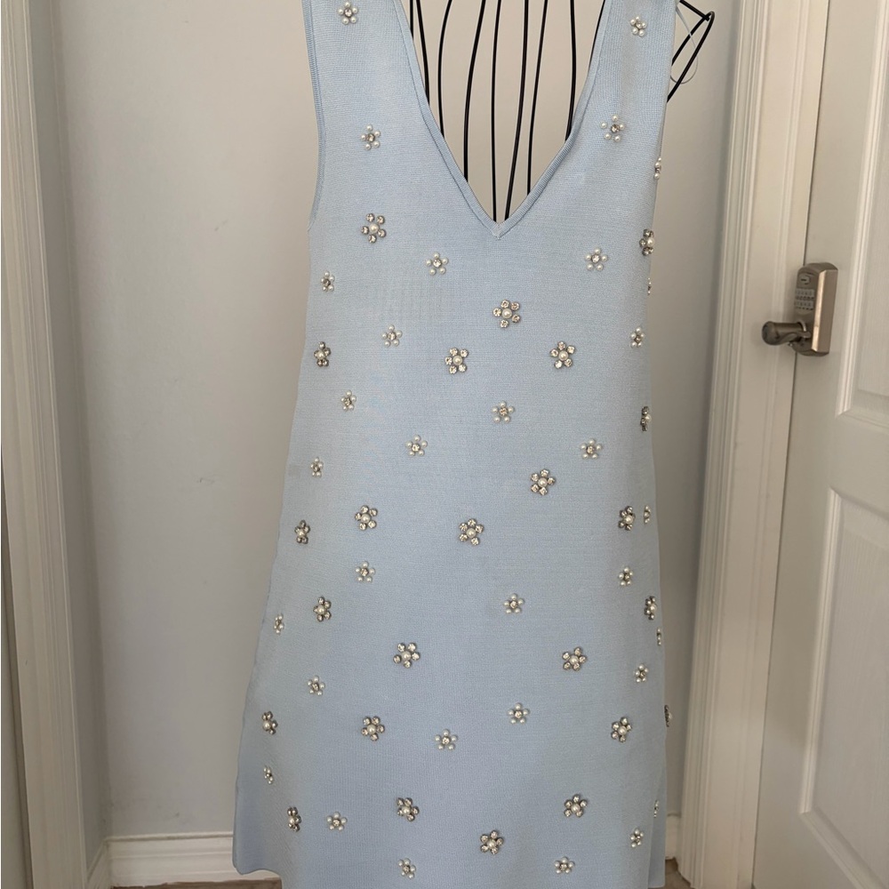 Zara Powder Blue V-Neck Mini Dress with Pearl Floral Embellishments